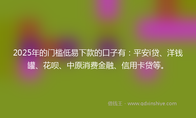 2025年的门槛低易下款的口子有：平安i贷、洋钱罐、花呗、中原消费金融、信用卡贷等。