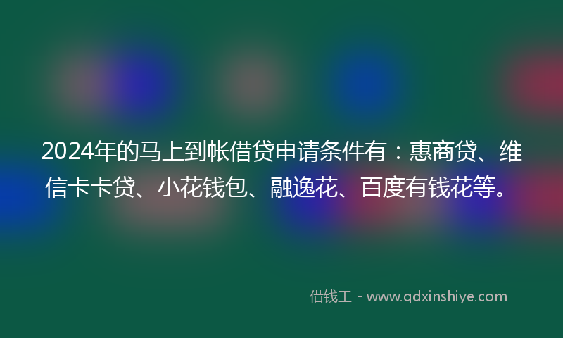 2024年的马上到帐借贷申请条件有：惠商贷、维信卡卡贷、小花钱包、融逸花、百度有钱花等。