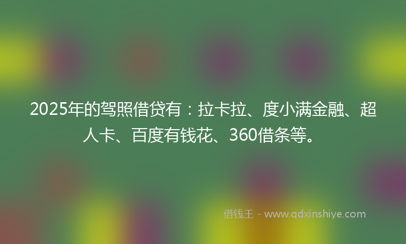 2025年的驾照借贷有：拉卡拉、度小满金融、超人卡、百度有钱花、360借条等。