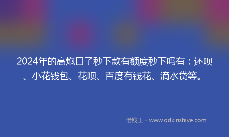 2024年的高炮口子秒下款有额度秒下吗有：还呗、小花钱包、花呗、百度有钱花、滴水贷等。