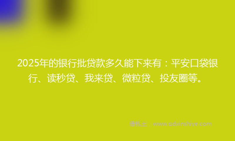 2025年的银行批贷款多久能下来有：平安口袋银行、读秒贷、我来贷、微粒贷、投友圈等。