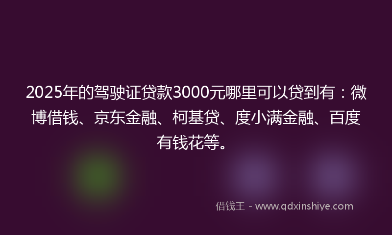 2025年的驾驶证贷款3000元哪里可以贷到有：微博借钱、京东金融、柯基贷、度小满金融、百度有钱花等。