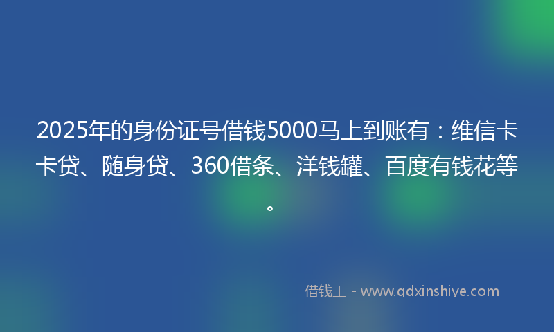 2025年的身份证号借钱5000马上到账有：维信卡卡贷、随身贷、360借条、洋钱罐、百度有钱花等。