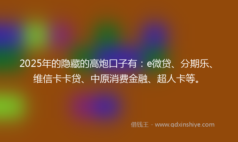 2025年的隐藏的高炮口子有：e微贷、分期乐、维信卡卡贷、中原消费金融、超人卡等。