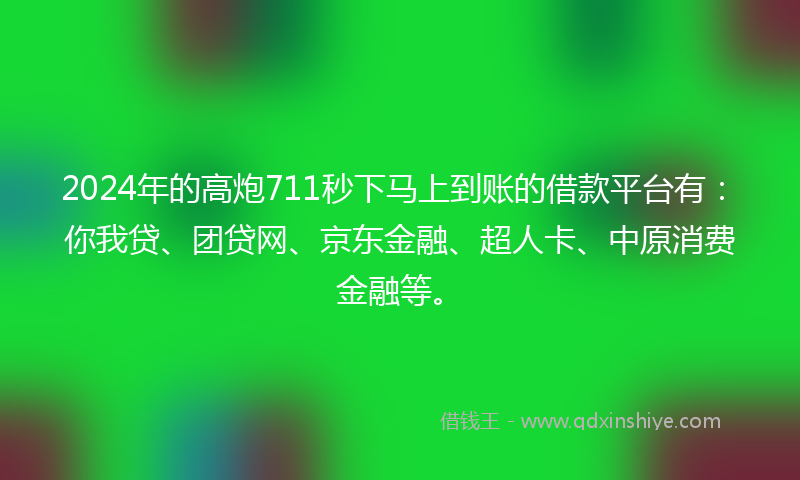 2024年的高炮711秒下马上到账的借款平台有：你我贷、团贷网、京东金融、超人卡、中原消费金融等。