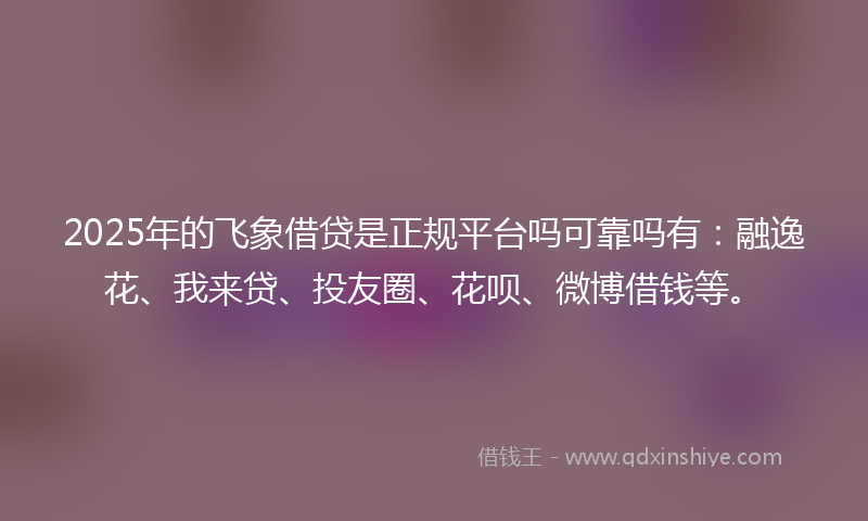 2025年的飞象借贷是正规平台吗可靠吗有：融逸花、我来贷、投友圈、花呗、微博借钱等。