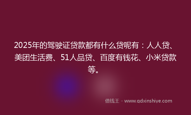 2025年的驾驶证贷款都有什么贷呢有：人人贷、美团生活费、51人品贷、百度有钱花、小米贷款等。