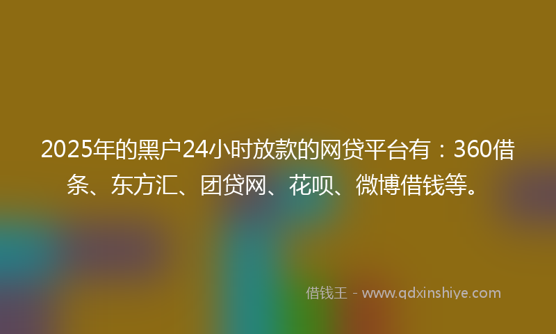 2025年的黑户24小时放款的网贷平台有：360借条、东方汇、团贷网、花呗、微博借钱等。