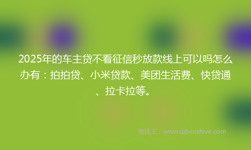 2025年的车主贷不看征信秒放款线上可以吗怎么办有：拍拍贷、小米贷款、美团生活费、快贷通、拉卡拉等。