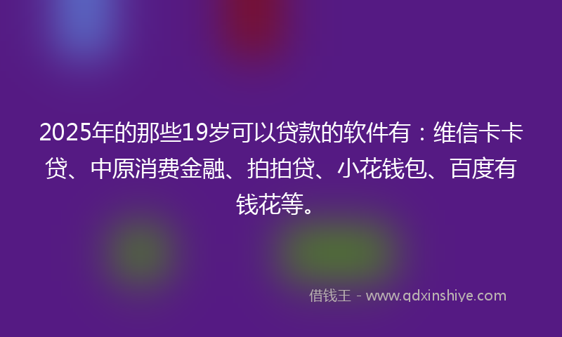 2025年的那些19岁可以贷款的软件有：维信卡卡贷、中原消费金融、拍拍贷、小花钱包、百度有钱花等。