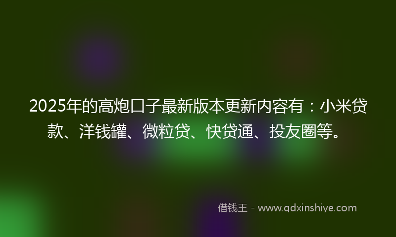 2025年的高炮口子最新版本更新内容有：小米贷款、洋钱罐、微粒贷、快贷通、投友圈等。