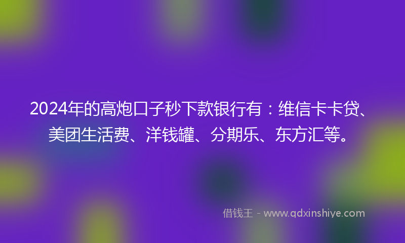 2024年的高炮口子秒下款银行有：维信卡卡贷、美团生活费、洋钱罐、分期乐、东方汇等。