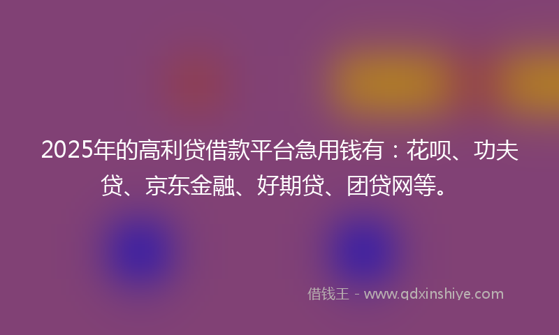 2025年的高利贷借款平台急用钱有：花呗、功夫贷、京东金融、好期贷、团贷网等。
