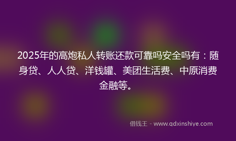 2025年的高炮私人转账还款可靠吗安全吗有：随身贷、人人贷、洋钱罐、美团生活费、中原消费金融等。