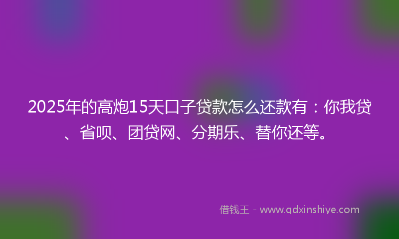 2025年的高炮15天口子贷款怎么还款有：你我贷、省呗、团贷网、分期乐、替你还等。