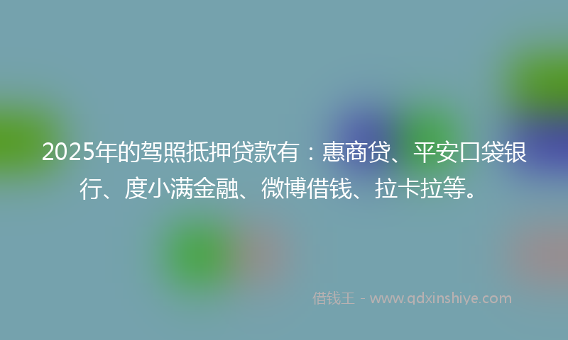 2025年的驾照抵押贷款有：惠商贷、平安口袋银行、度小满金融、微博借钱、拉卡拉等。