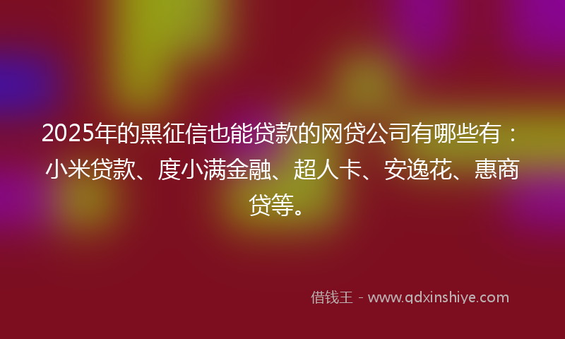 2025年的黑征信也能贷款的网贷公司有哪些有：小米贷款、度小满金融、超人卡、安逸花、惠商贷等。
