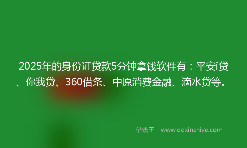 2025年的身份证贷款5分钟拿钱软件有：平安i贷、你我贷、360借条、中原消费金融、滴水贷等。