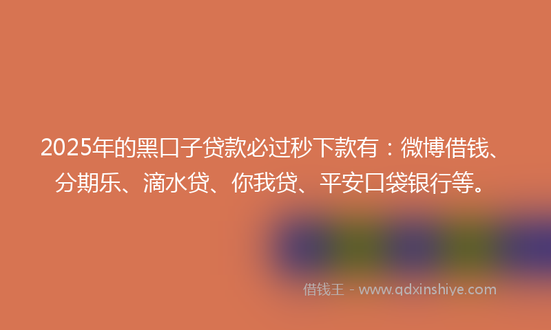 2025年的黑口子贷款必过秒下款有：微博借钱、分期乐、滴水贷、你我贷、平安口袋银行等。