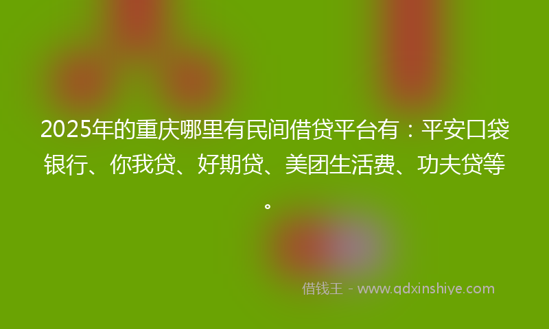 2025年的重庆哪里有民间借贷平台有：平安口袋银行、你我贷、好期贷、美团生活费、功夫贷等。