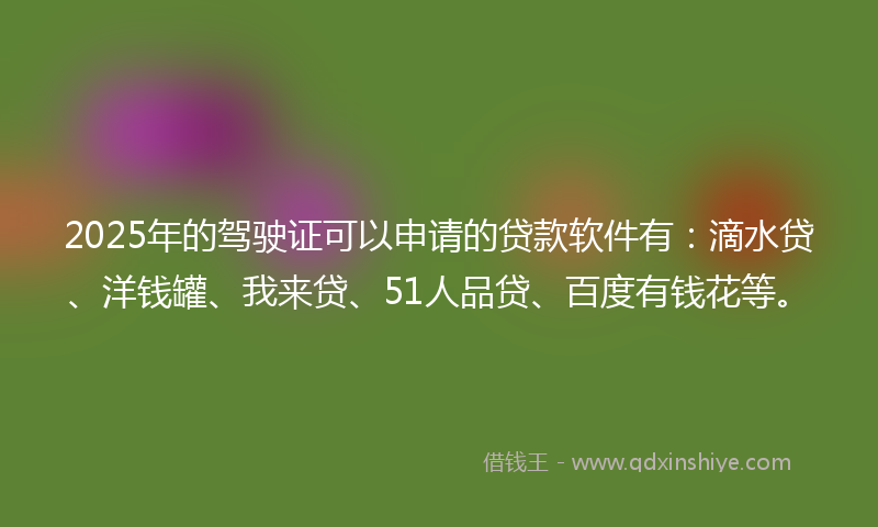 2025年的驾驶证可以申请的贷款软件有：滴水贷、洋钱罐、我来贷、51人品贷、百度有钱花等。