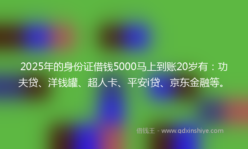 2025年的身份证借钱5000马上到账20岁有：功夫贷、洋钱罐、超人卡、平安i贷、京东金融等。