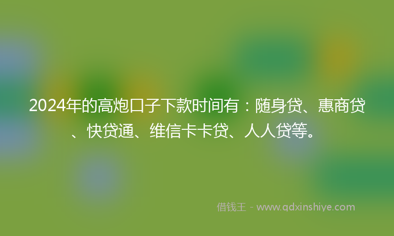 2024年的高炮口子下款时间有：随身贷、惠商贷、快贷通、维信卡卡贷、人人贷等。