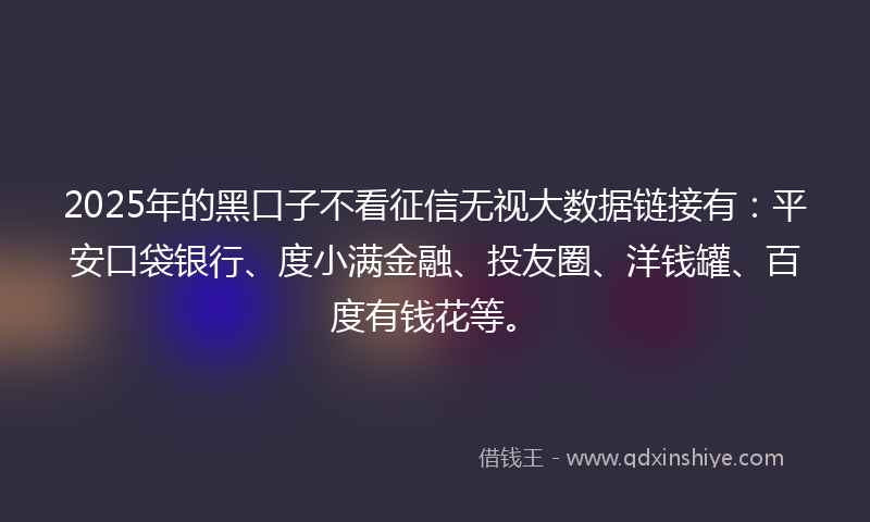 2025年的黑口子不看征信无视大数据链接有：平安口袋银行、度小满金融、投友圈、洋钱罐、百度有钱花等。