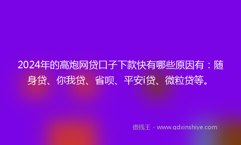 2024年的高炮网贷口子下款快有哪些原因有：随身贷、你我贷、省呗、平安i贷、微粒贷等。