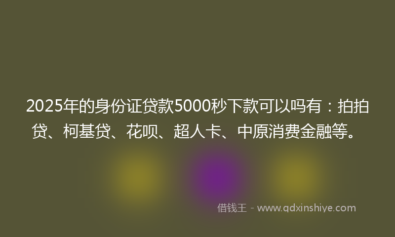 2025年的身份证贷款5000秒下款可以吗有：拍拍贷、柯基贷、花呗、超人卡、中原消费金融等。