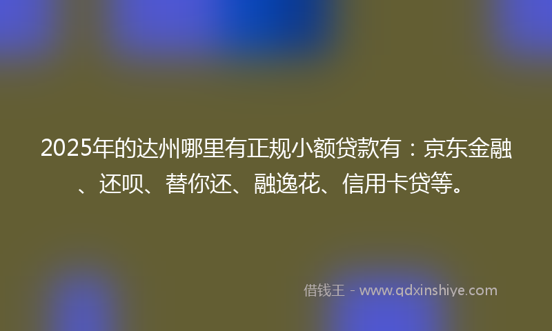 2025年的达州哪里有正规小额贷款有：京东金融、还呗、替你还、融逸花、信用卡贷等。