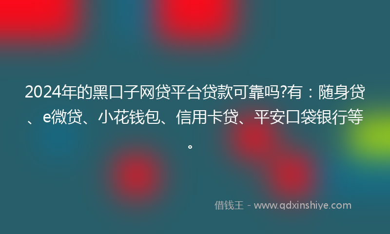 2024年的黑口子网贷平台贷款可靠吗?有：随身贷、e微贷、小花钱包、信用卡贷、平安口袋银行等。