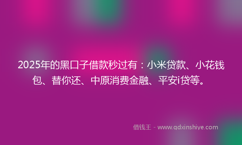 2025年的黑口子借款秒过有：小米贷款、小花钱包、替你还、中原消费金融、平安i贷等。