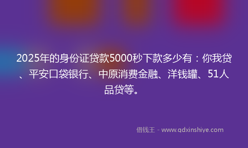 2025年的身份证贷款5000秒下款多少有：你我贷、平安口袋银行、中原消费金融、洋钱罐、51人品贷等。