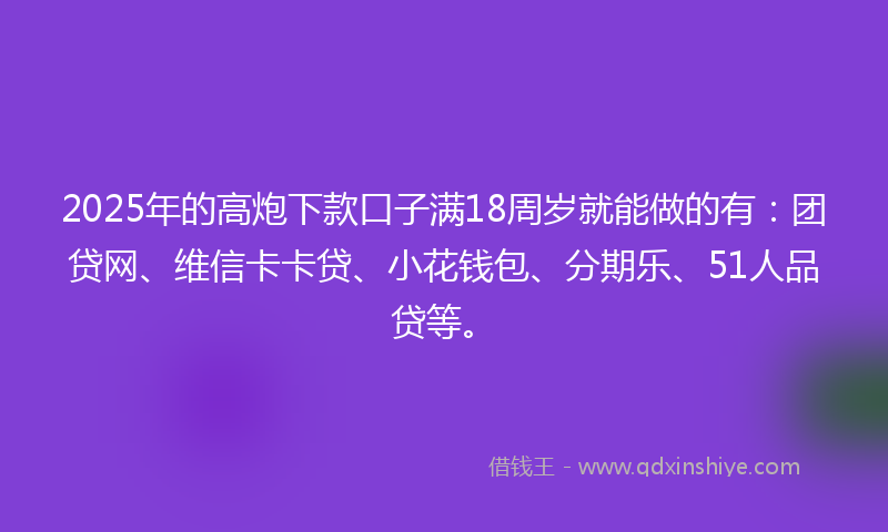 2025年的高炮下款口子满18周岁就能做的有：团贷网、维信卡卡贷、小花钱包、分期乐、51人品贷等。
