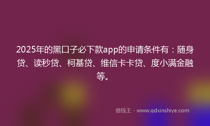 2025年的黑口子必下款app的申请条件有：随身贷、读秒贷、柯基贷、维信卡卡贷、度小满金融等。