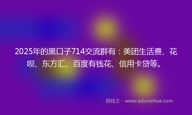 2025年的黑口子714交流群有：美团生活费、花呗、东方汇、百度有钱花、信用卡贷等。