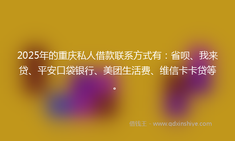 2025年的重庆私人借款联系方式有：省呗、我来贷、平安口袋银行、美团生活费、维信卡卡贷等。