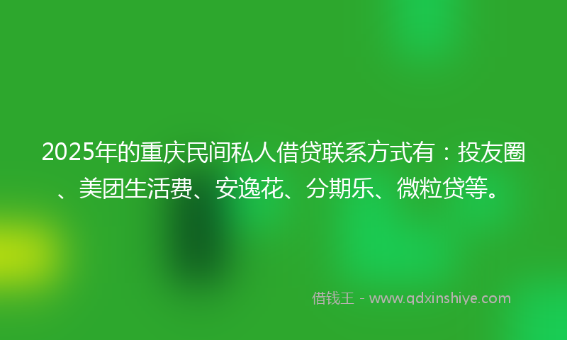 2025年的重庆民间私人借贷联系方式有：投友圈、美团生活费、安逸花、分期乐、微粒贷等。