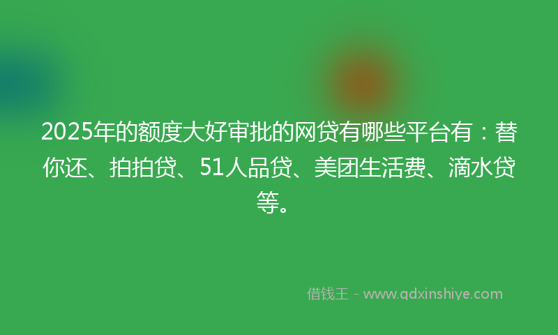 2025年的额度大好审批的网贷有哪些平台有：替你还、拍拍贷、51人品贷、美团生活费、滴水贷等。