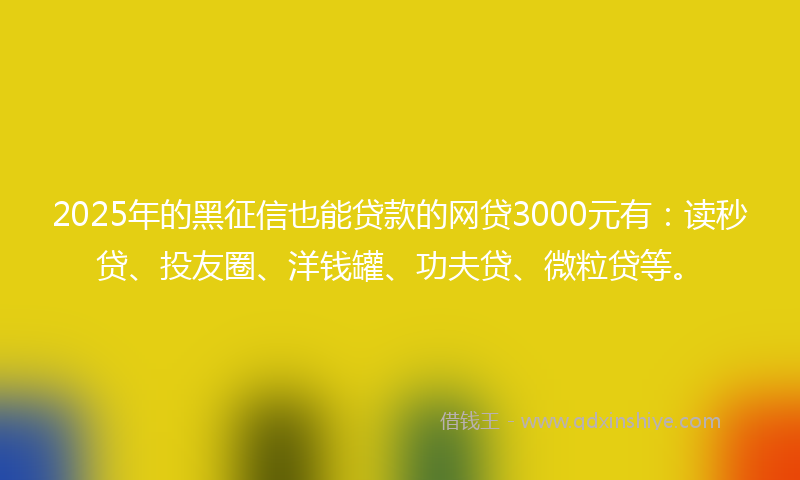 2025年的黑征信也能贷款的网贷3000元有：读秒贷、投友圈、洋钱罐、功夫贷、微粒贷等。