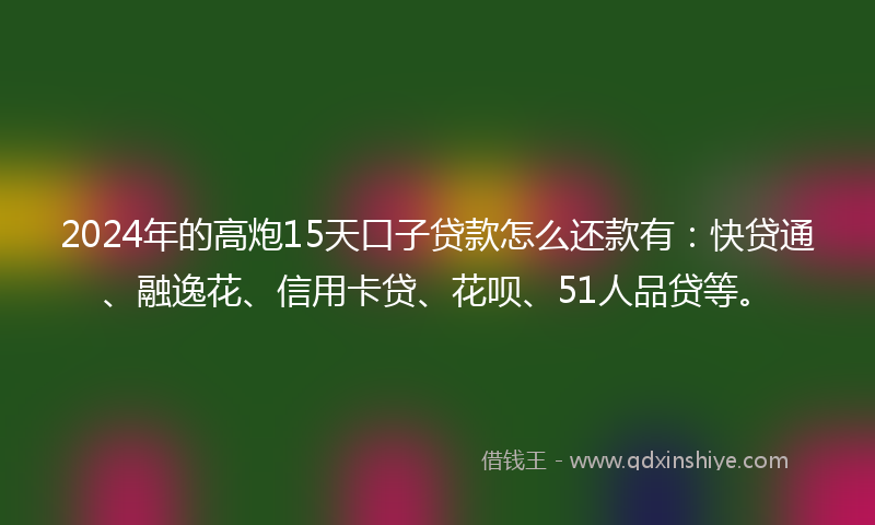 2024年的高炮15天口子贷款怎么还款有：快贷通、融逸花、信用卡贷、花呗、51人品贷等。