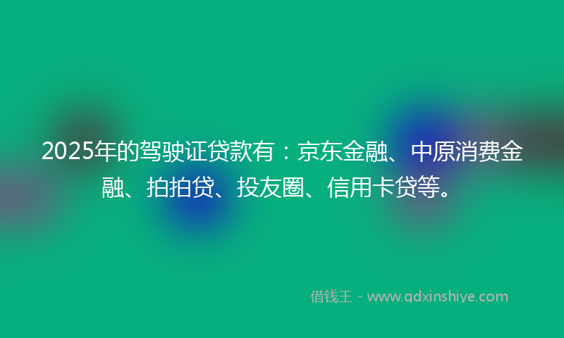 2025年的驾驶证贷款有：京东金融、中原消费金融、拍拍贷、投友圈、信用卡贷等。