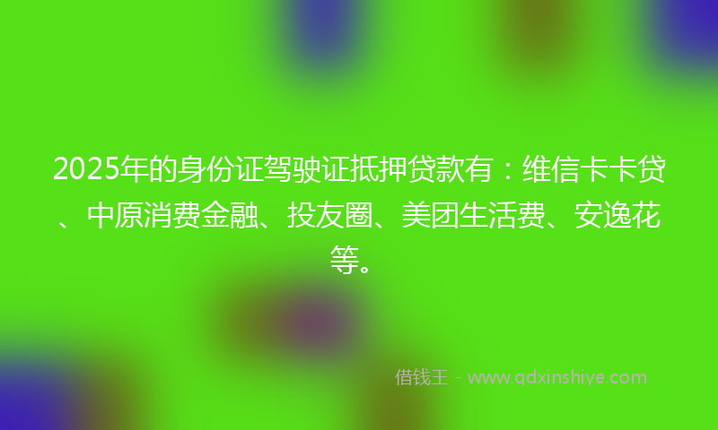 2025年的身份证驾驶证抵押贷款有：维信卡卡贷、中原消费金融、投友圈、美团生活费、安逸花等。