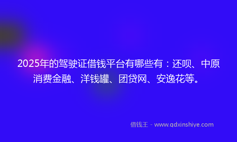 2025年的驾驶证借钱平台有哪些有：还呗、中原消费金融、洋钱罐、团贷网、安逸花等。