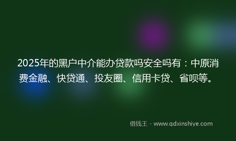 2025年的黑户中介能办贷款吗安全吗有：中原消费金融、快贷通、投友圈、信用卡贷、省呗等。