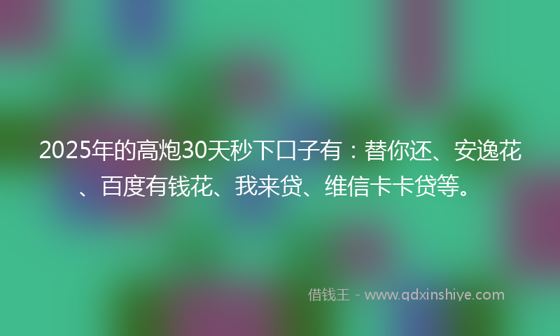2025年的高炮30天秒下口子有：替你还、安逸花、百度有钱花、我来贷、维信卡卡贷等。