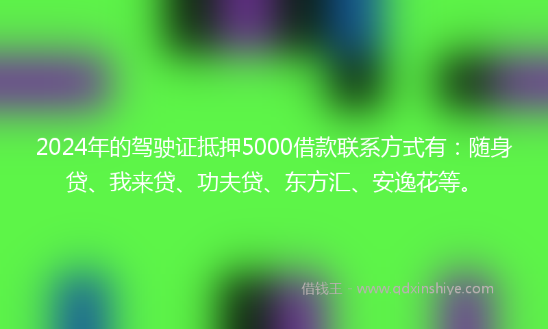 2024年的驾驶证抵押5000借款联系方式有：随身贷、我来贷、功夫贷、东方汇、安逸花等。