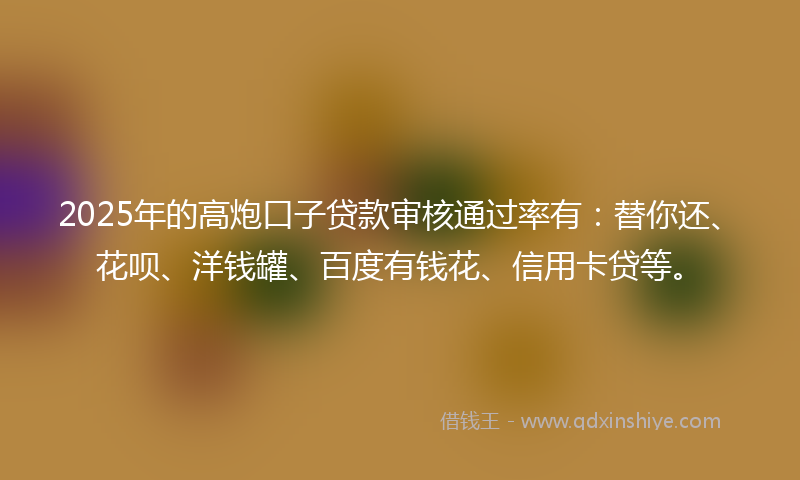 2025年的高炮口子贷款审核通过率有：替你还、花呗、洋钱罐、百度有钱花、信用卡贷等。