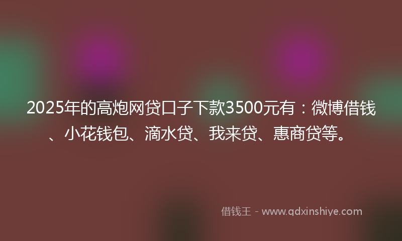 2025年的高炮网贷口子下款3500元有：微博借钱、小花钱包、滴水贷、我来贷、惠商贷等。